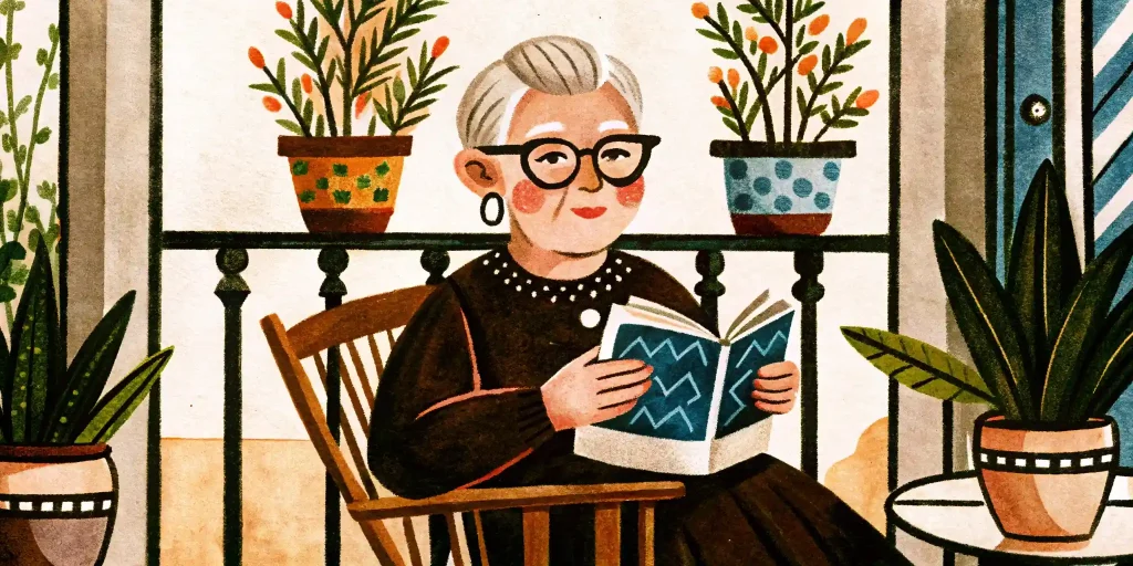 an elderly woman with glasses is sitting outside, reading a book