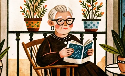 an elderly woman with glasses is sitting outside, reading a book