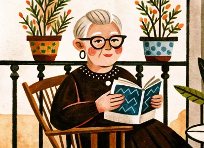 an elderly woman with glasses is sitting outside, reading a book