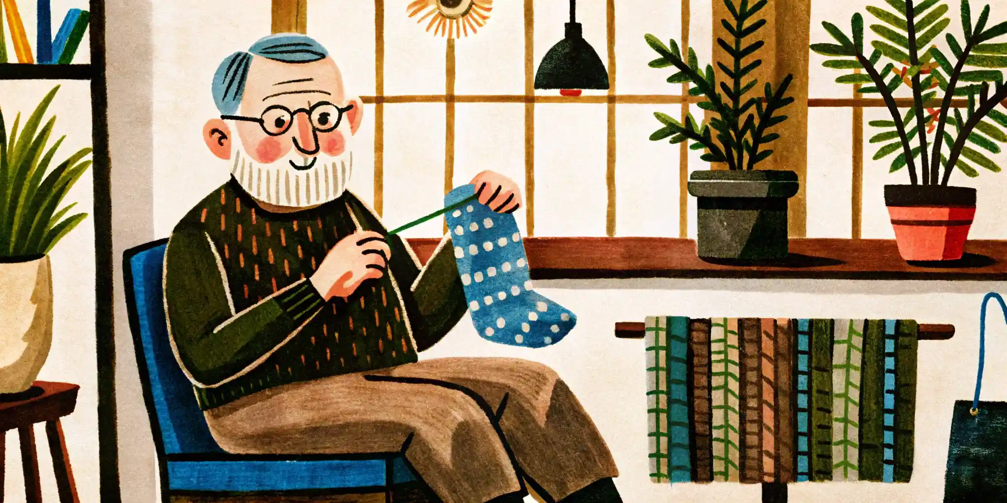 an elderly man is knitting sock