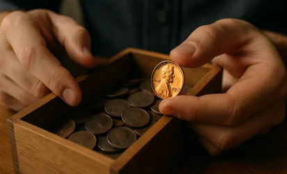 A man opens a wooden box of coins and selects a bright 1953 Lincoln penny, its copper color standing out among darker coins.