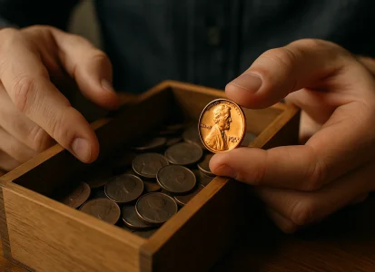A man opens a wooden box of coins and selects a bright 1953 Lincoln penny, its copper color standing out among darker coins.