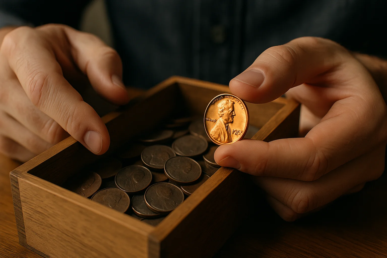 A man opens a wooden box of coins and selects a bright 1953 Lincoln penny, its copper color standing out among darker coins.