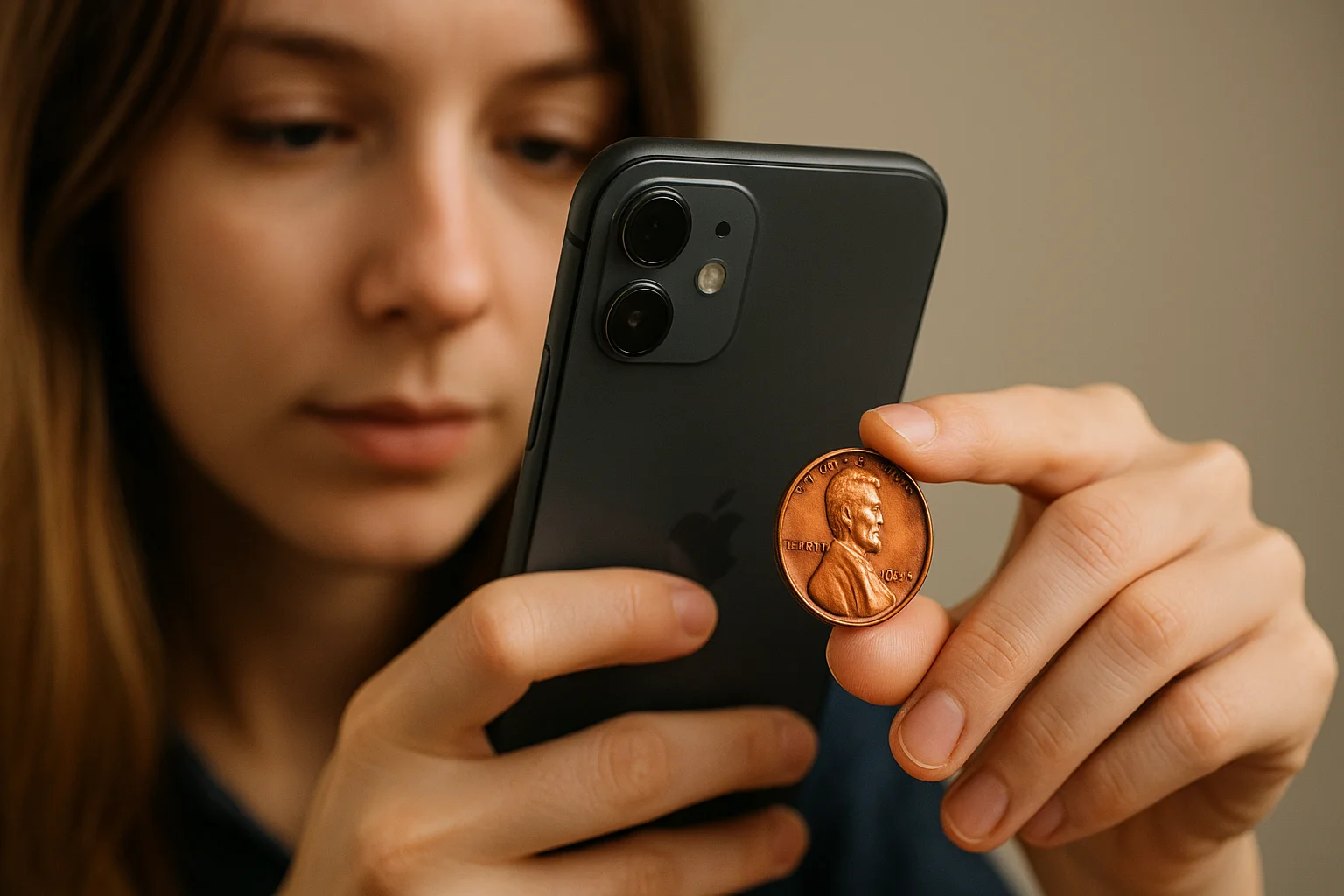 A woman photographs a 1953 copper penny with her smartphone to check the current coin price and minting details via a special app for collectors.